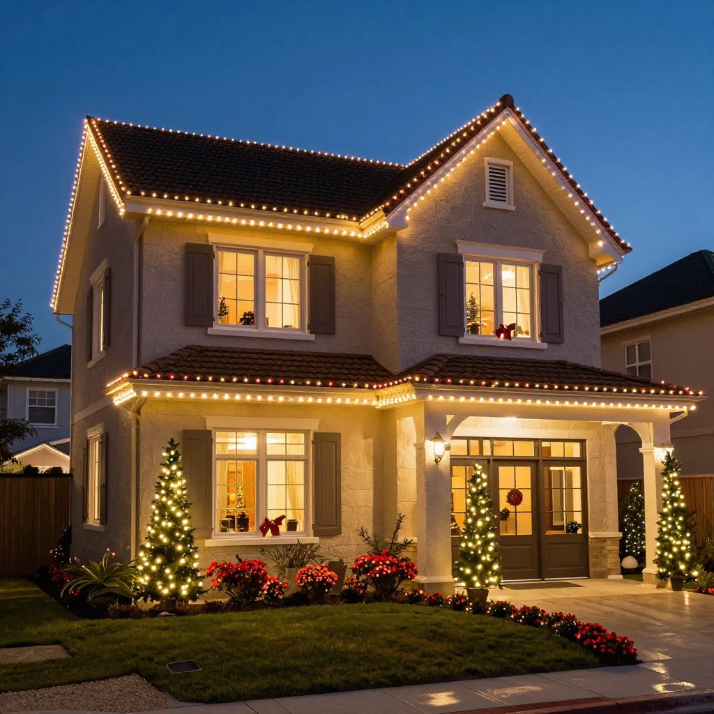 A beautifully decorated house features glowing lights and festive greenery at twilight
