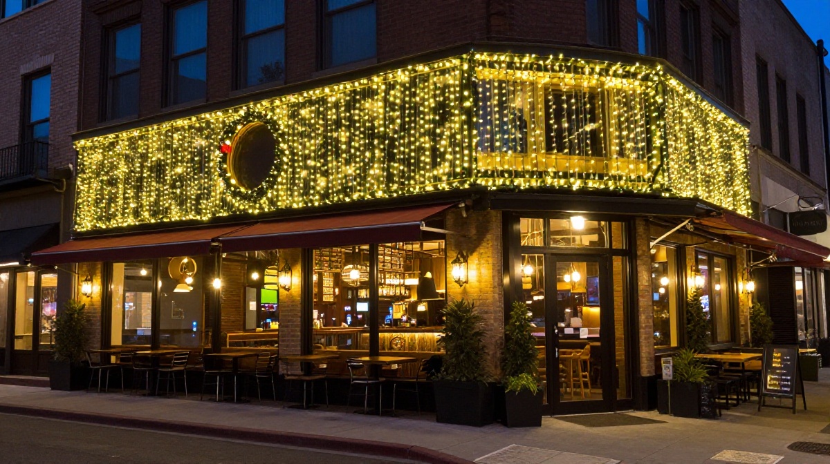 A cozy restaurant is illuminated with twinkling lights, creating a warm atmosphere