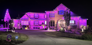 A brightly lit house glows with purple holiday lights against the night sky