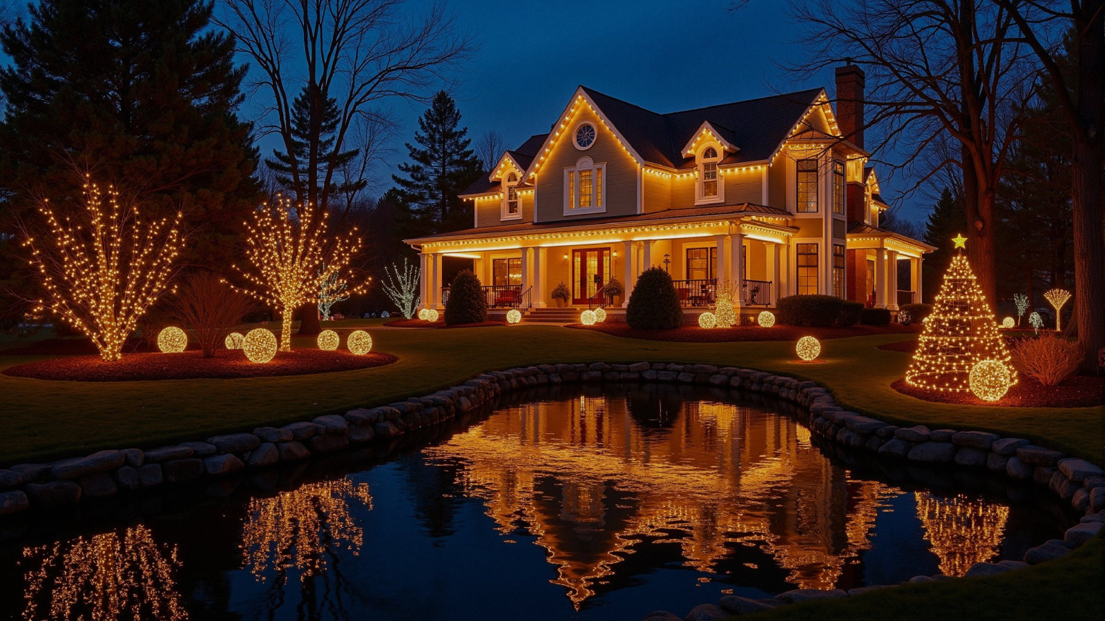 A beautifully decorated house and garden glow with festive lights reflecting in the water