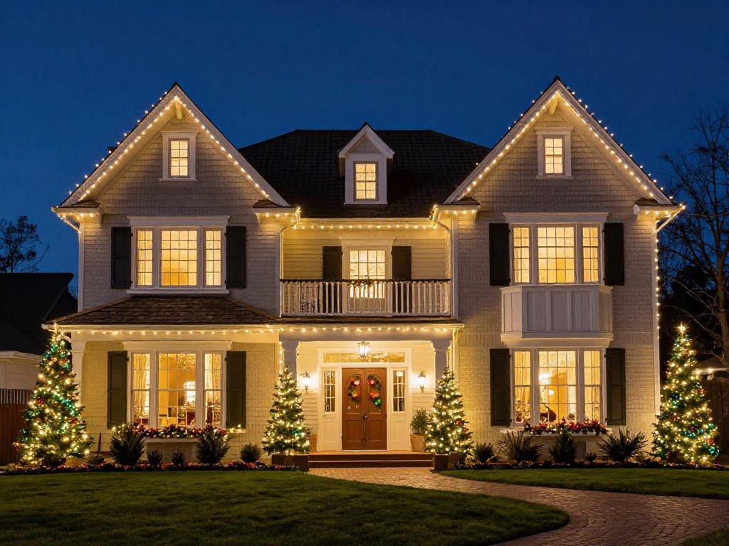 A beautifully decorated house glows with festive lights during the evening